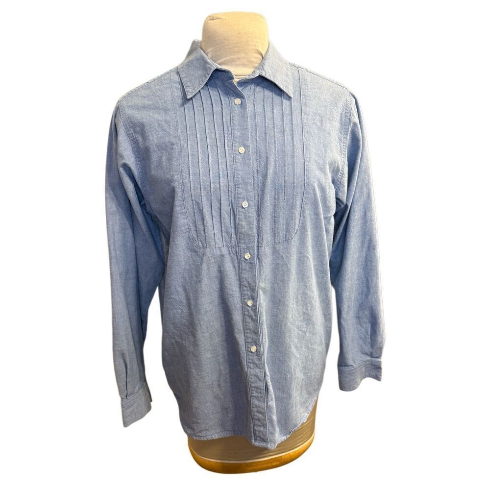 Westbound Chambray Cotton Long Slv Tux Pintuck Blue Button Up Shirt Blouse Sz. X